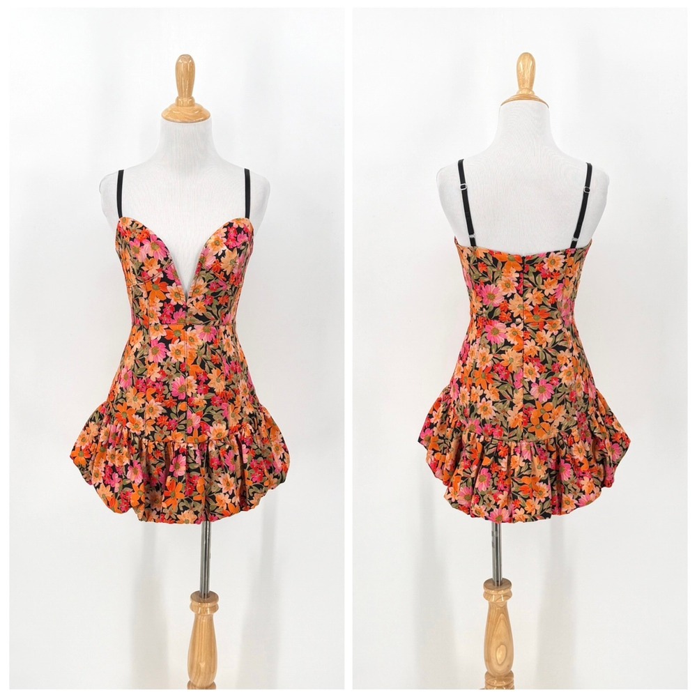 FOR LOVE & LEMONS FREE PEOPLE Sylvie Mini Dress Small Floral Bubble Hem Plunge - Picture 4 of 16
